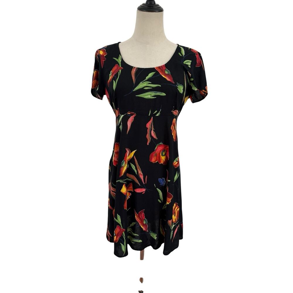 Vtg 90s Wrapper Mini Dress Black‎ Floral Rayon Sz M Pufff Sleeve Grunge Y2K